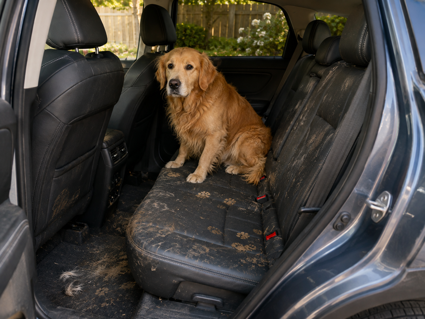 Dirty back seat before using the OpenRoadPaws Backseat Bridge